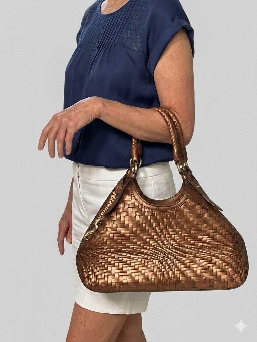 Cole Haan Genevieve Triangle Tote Woven Leather Bag Metallic Bronze Gold Euc